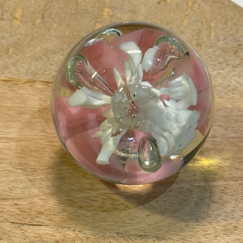 Art Glass Hand Blown Paperweight Pink Floral.